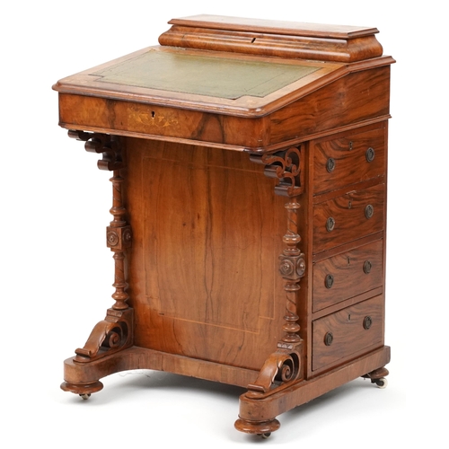 2035 - Victorian figured walnut and marquetry inlaid Davenport with tooled leather insert, fitted interior ... 