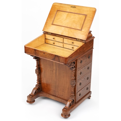 2035 - Victorian figured walnut and marquetry inlaid Davenport with tooled leather insert, fitted interior ... 