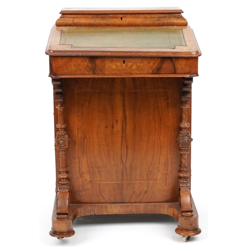 2035 - Victorian figured walnut and marquetry inlaid Davenport with tooled leather insert, fitted interior ... 