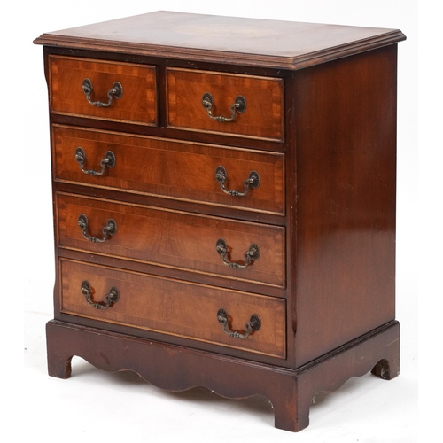 2083 - Georgian style inlaid mahogany five drawer chest on bracket feet, 73cm H x 62cm W x 41.5cm D