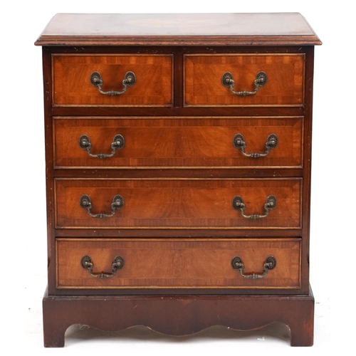 2083 - Georgian style inlaid mahogany five drawer chest on bracket feet, 73cm H x 62cm W x 41.5cm D