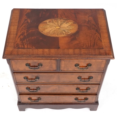 2083 - Georgian style inlaid mahogany five drawer chest on bracket feet, 73cm H x 62cm W x 41.5cm D