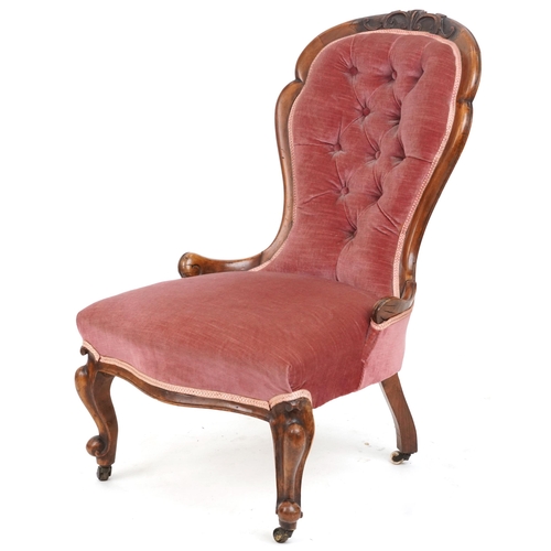 2085 - Victorian mahogany bedroom chair on cabriole legs with salmon button back upholstery, 91cm high