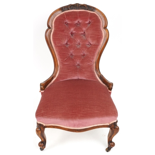 2085 - Victorian mahogany bedroom chair on cabriole legs with salmon button back upholstery, 91cm high