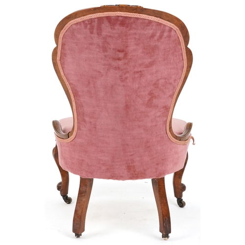 2085 - Victorian mahogany bedroom chair on cabriole legs with salmon button back upholstery, 91cm high