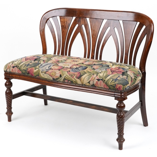 2056 - Stained wood two seater bench with floral upholstered seat on turned legs, 88cm H x 109cm W x 51.5cm... 