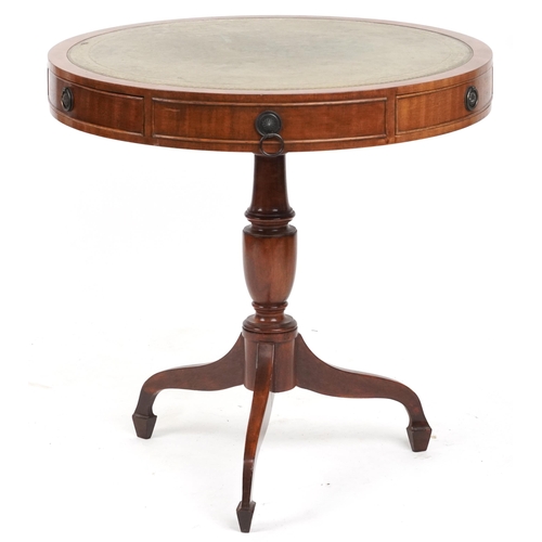 2086 - Regency style mahogany drum table with tooled leather insert and three frieze drawers, 69.5cm high x... 