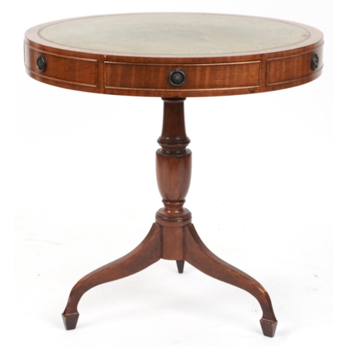 2086 - Regency style mahogany drum table with tooled leather insert and three frieze drawers, 69.5cm high x... 