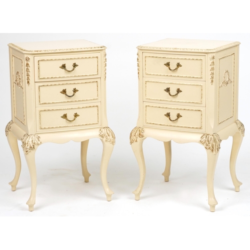 2089 - Pair of French style cream and gilt three drawer nightstands, 69.5cm H x 37cm W x 34cm D