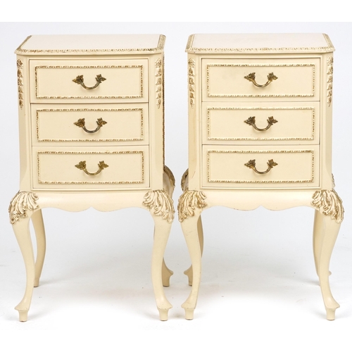 2089 - Pair of French style cream and gilt three drawer nightstands, 69.5cm H x 37cm W x 34cm D