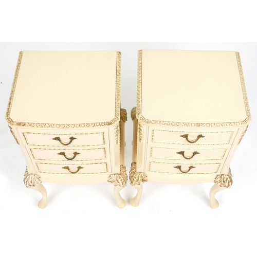 2089 - Pair of French style cream and gilt three drawer nightstands, 69.5cm H x 37cm W x 34cm D