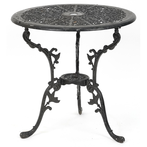 2154 - Black painted cast metal circular garden table with three chairs, 70.5cm high x 69cm in diameter