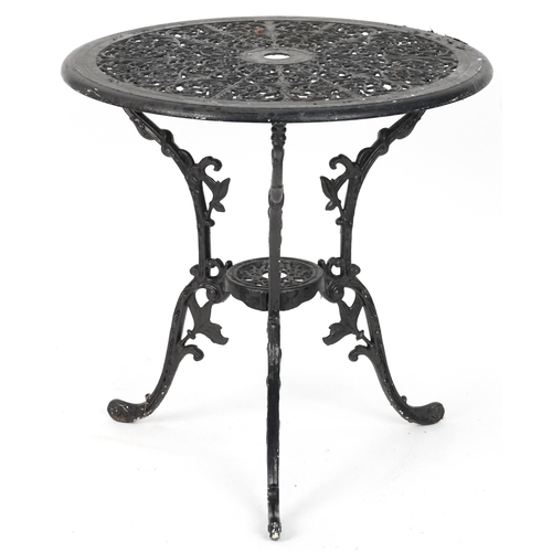 2154 - Black painted cast metal circular garden table with three chairs, 70.5cm high x 69cm in diameter