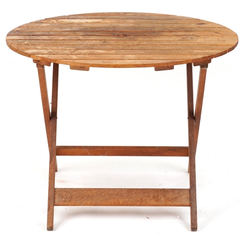 2155 - Folding garden teak circular table with four chairs, the table 93cm H x 91cm in diameter, the chairs... 