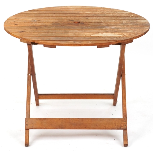 2155 - Folding garden teak circular table with four chairs, the table 93cm H x 91cm in diameter, the chairs... 