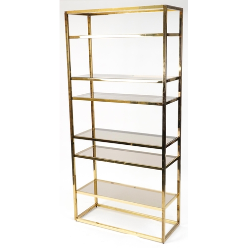 2054 - 1970s Italian glass display stand with six smoked glass shelves, 201cm H x 96.5cm W x 40cm D