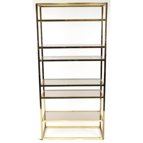 2054 - 1970s Italian glass display stand with six smoked glass shelves, 201cm H x 96.5cm W x 40cm D