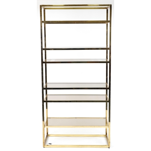 2054 - 1970s Italian glass display stand with six smoked glass shelves, 201cm H x 96.5cm W x 40cm D