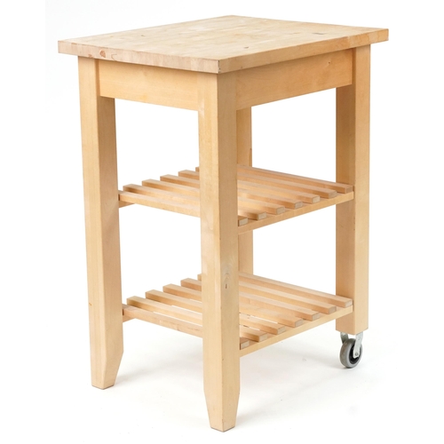 2082 - Rectangular lightwood free standing butcher's block with slatted under tiers, 85.5cm H x 60.5cm W x ... 