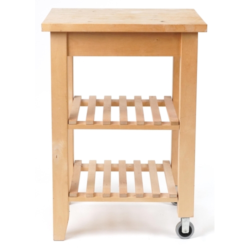 2082 - Rectangular lightwood free standing butcher's block with slatted under tiers, 85.5cm H x 60.5cm W x ... 