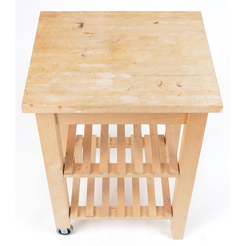 2082 - Rectangular lightwood free standing butcher's block with slatted under tiers, 85.5cm H x 60.5cm W x ... 