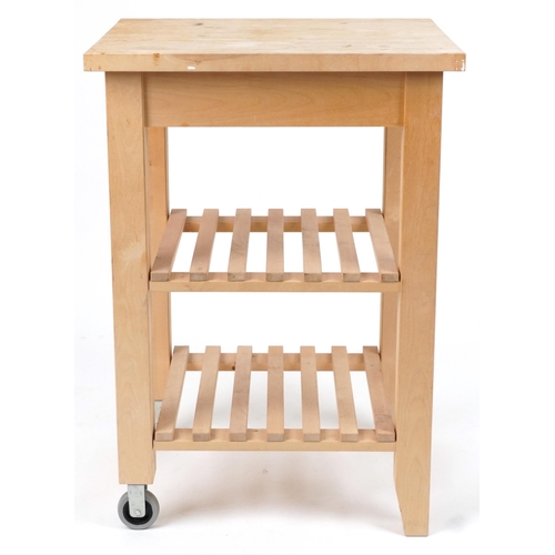 2082 - Rectangular lightwood free standing butcher's block with slatted under tiers, 85.5cm H x 60.5cm W x ... 