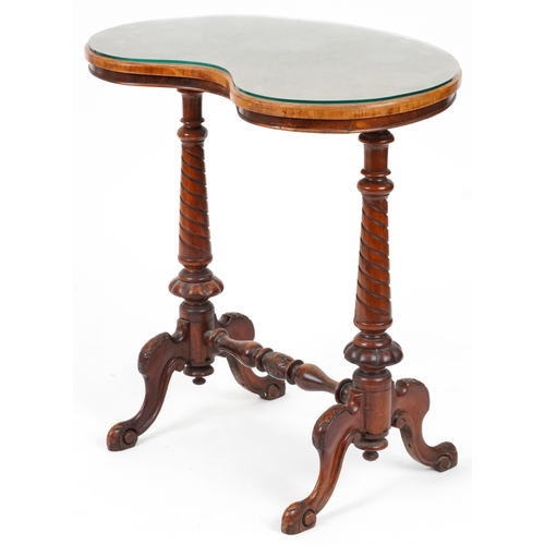 2104 - Victorian walnut kidney shaped side table with turned supports on scrolled legs, 71cm H x 66cm W x 4... 