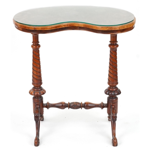 2104 - Victorian walnut kidney shaped side table with turned supports on scrolled legs, 71cm H x 66cm W x 4... 