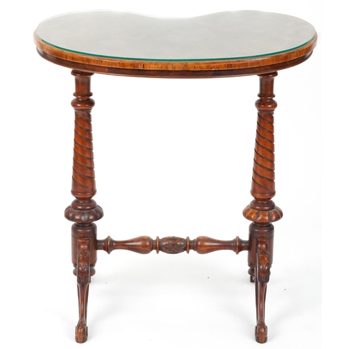 2104 - Victorian walnut kidney shaped side table with turned supports on scrolled legs, 71cm H x 66cm W x 4... 