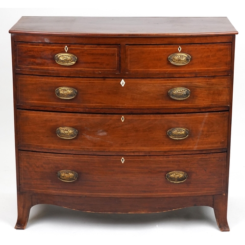 2037 - 19th century mahogany and boxwood strung bow fronted chest fitted with an arrangement of five drawer... 