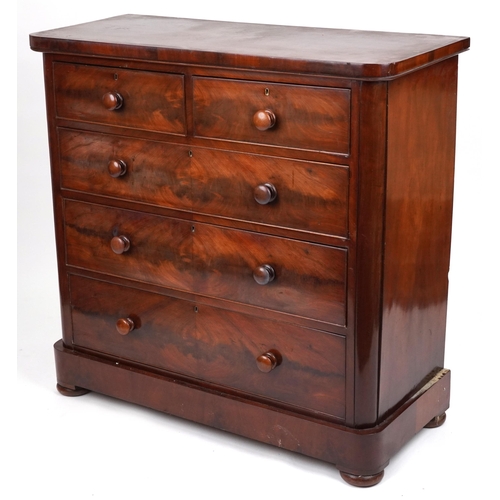 2022 - Victorian mahogany five drawer chest with turned wood handles, 117cm H x 121cm W x 51cm D