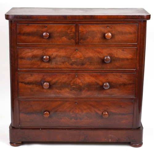 2022 - Victorian mahogany five drawer chest with turned wood handles, 117cm H x 121cm W x 51cm D