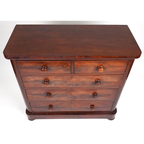 2022 - Victorian mahogany five drawer chest with turned wood handles, 117cm H x 121cm W x 51cm D