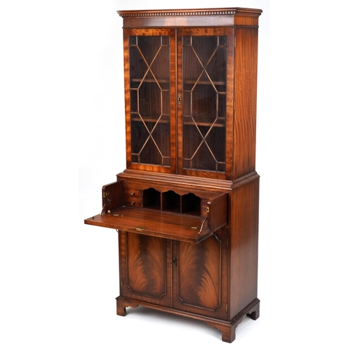 2081 - Georgian style mahogany secretaire bookcase with astral glazed doors above a fall enclosing various ... 