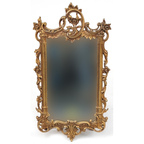 2166 - French style gilt acanthus design wall mirror with C scrolls and columns, 75cm x 43cm