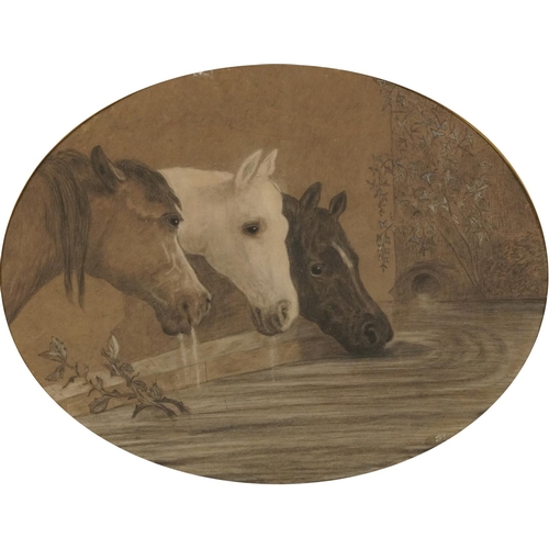 468 - After John Herring - Study of three horses drinking from a fountain, 19th century oval pencil and ch... 