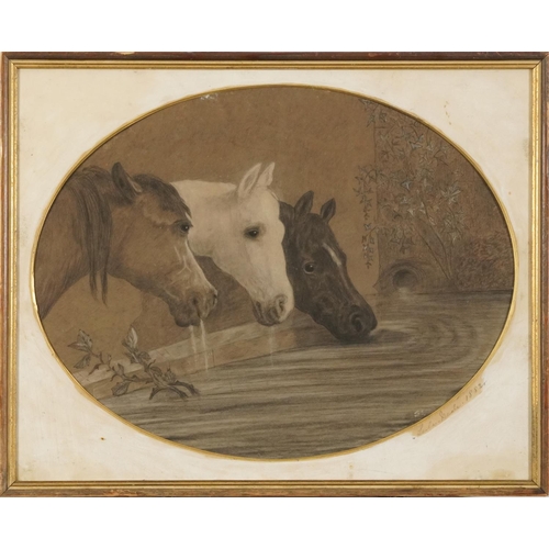 468 - After John Herring - Study of three horses drinking from a fountain, 19th century oval pencil and ch... 