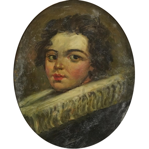 382 - Top half portrait of a young man, Old Master school oval oil, framed and glazed, 44.5cm x 36.5cm exc... 