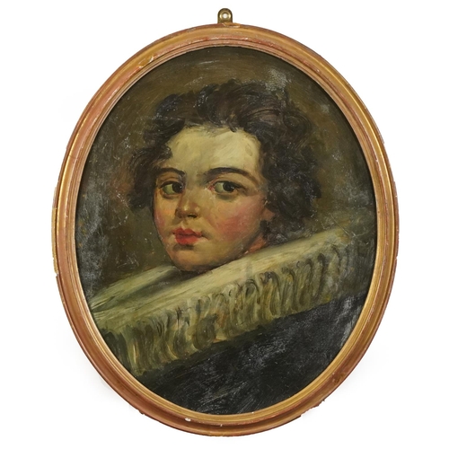 382 - Top half portrait of a young man, Old Master school oval oil, framed and glazed, 44.5cm x 36.5cm exc... 