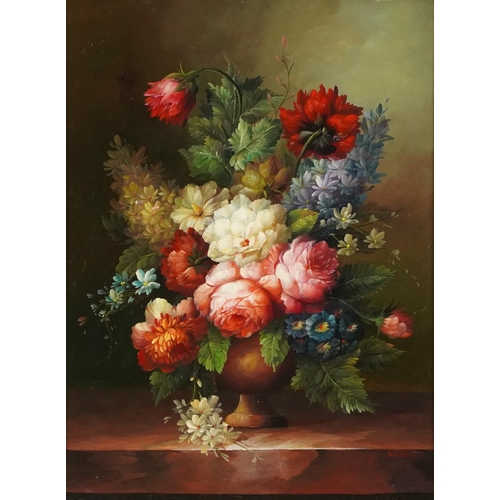 290 - A Fevre - Still life flowers in a vase, European school oil on wood panel, mounted and framed, 39.5c... 