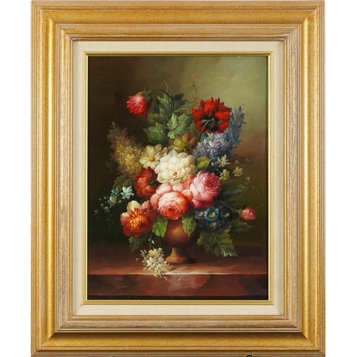 290 - A Fevre - Still life flowers in a vase, European school oil on wood panel, mounted and framed, 39.5c... 