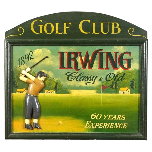 2543 - Irwin Classy & Old Golf Club hand painted wooden advertising panel, 57cm x 51cm