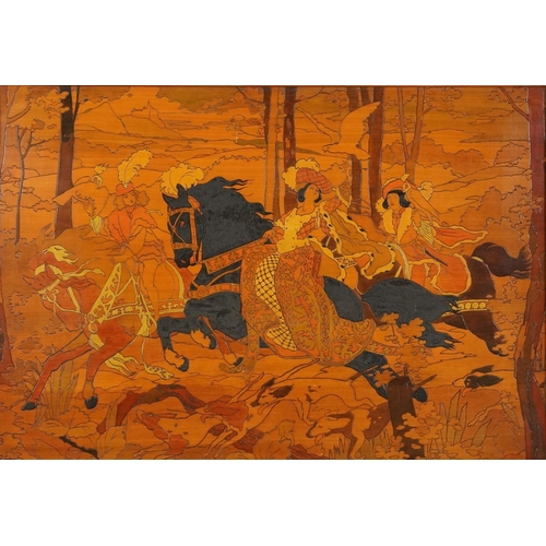 2427 - F Brombacher - La Chasse au Faucon, French classical marquetry panel, framed, overall 95cm x 70cm