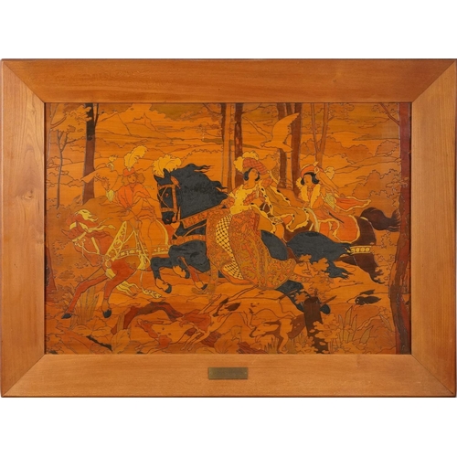 2427 - F Brombacher - La Chasse au Faucon, French classical marquetry panel, framed, overall 95cm x 70cm