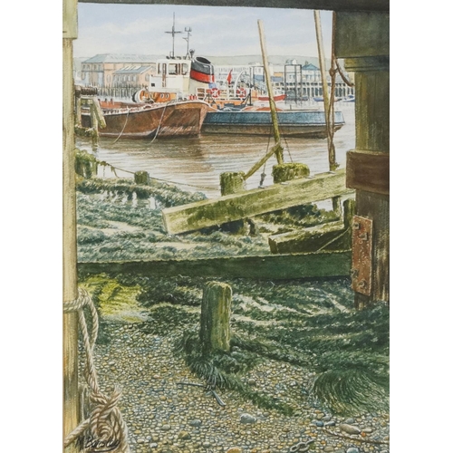 2208 - M Bensley - Tug and Lighter, Newhaven, marine interest watercolour, mounted, framed and glazed, insc... 