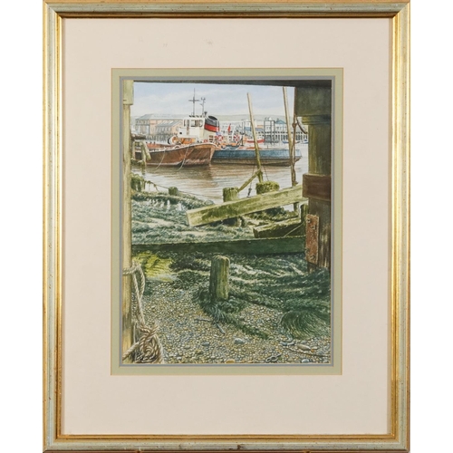 2208 - M Bensley - Tug and Lighter, Newhaven, marine interest watercolour, mounted, framed and glazed, insc... 