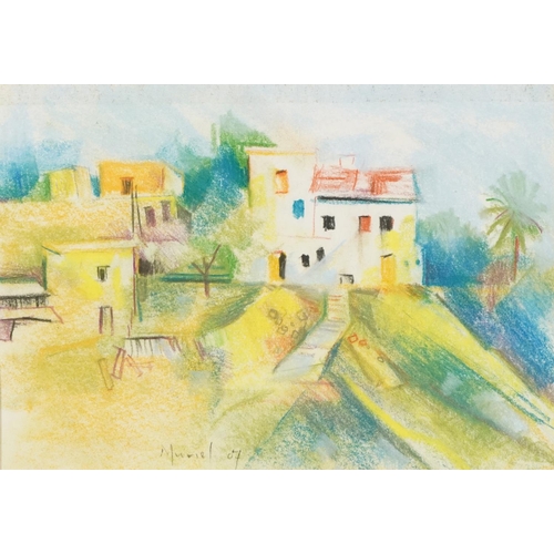 601 - Muriel Clutten - Village houses, African school pastel, stamp verso, mounted, framed and glazed, 28.... 