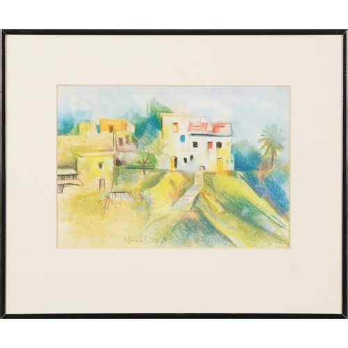 601 - Muriel Clutten - Village houses, African school pastel, stamp verso, mounted, framed and glazed, 28.... 