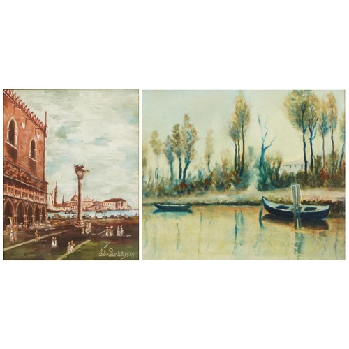 536 - St Mark's Square Venice and boats in a river, two Italian school oils, inscriptions and stamps verso... 