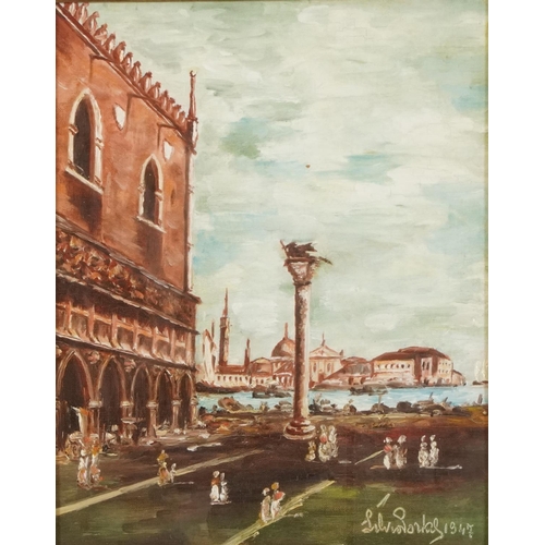 536 - St Mark's Square Venice and boats in a river, two Italian school oils, inscriptions and stamps verso... 